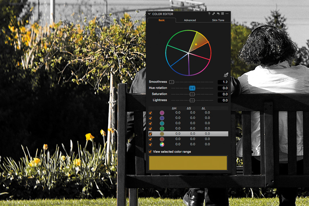 Checking the “View selected color range” option desaturates the image in the Viewer and displays only the selected range in color. Used together with the Smoothness slider, this enables you to precisely fine-tune the range of tones included in the selected range.
